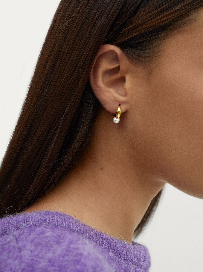 Short Steel Earrings With Pearls, Golden, hi-res