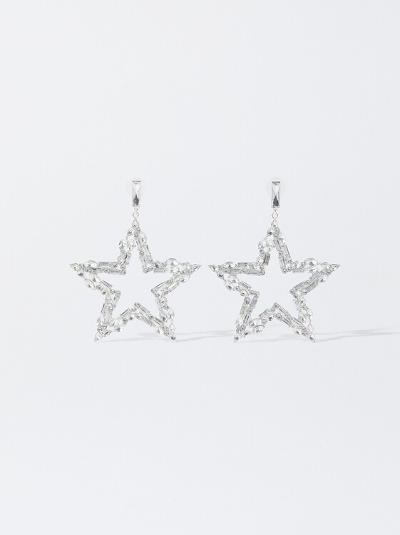 Maxi Star Earrings With Crystals, Silver, hi-res