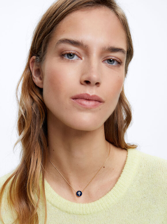 Silver Stainless Steel Necklace With Cross, Blue, hi-res