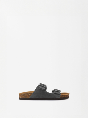 Flat Leather Sandals, Grey, hi-res