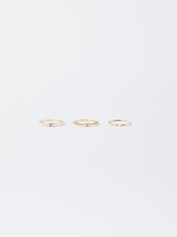 Set Of Rings With Faux Pearls, Golden, hi-res