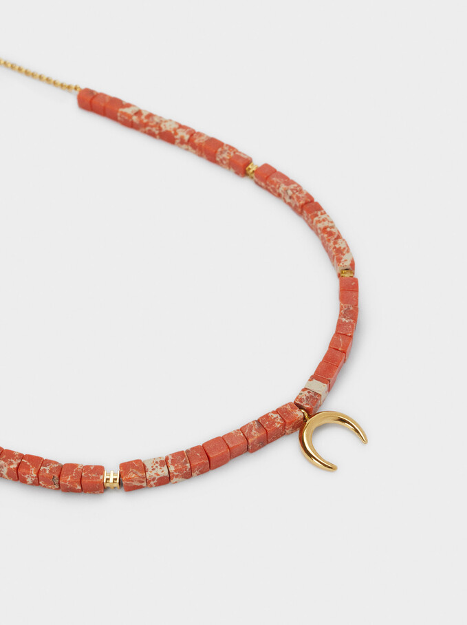 Short Steel Necklace With Stone And Horn, Coral, hi-res