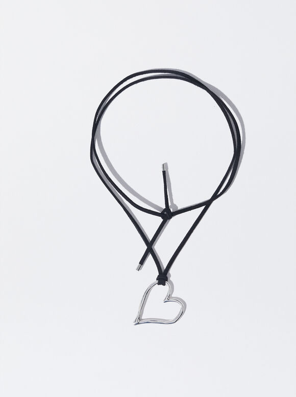Cord Necklace With Heart, Silver, hi-res