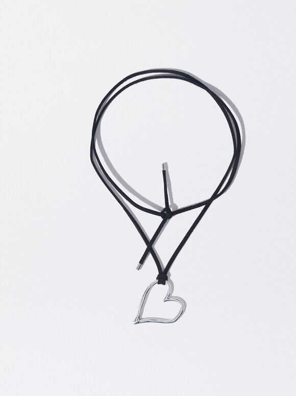 Cord Neckalace With Heart, Silver, hi-res