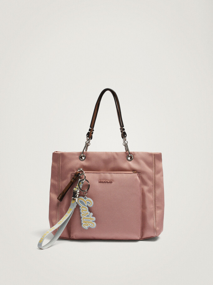 Nylon Shopper Bag With Pendant, Pink, hi-res