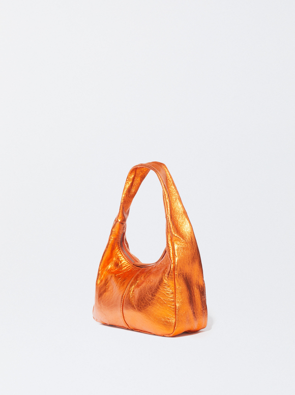 Metallic Leather Shoulder Bag., Orange, hi-res