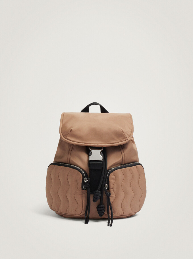Nylon Backpack With Outside Pockets, Camel, hi-res