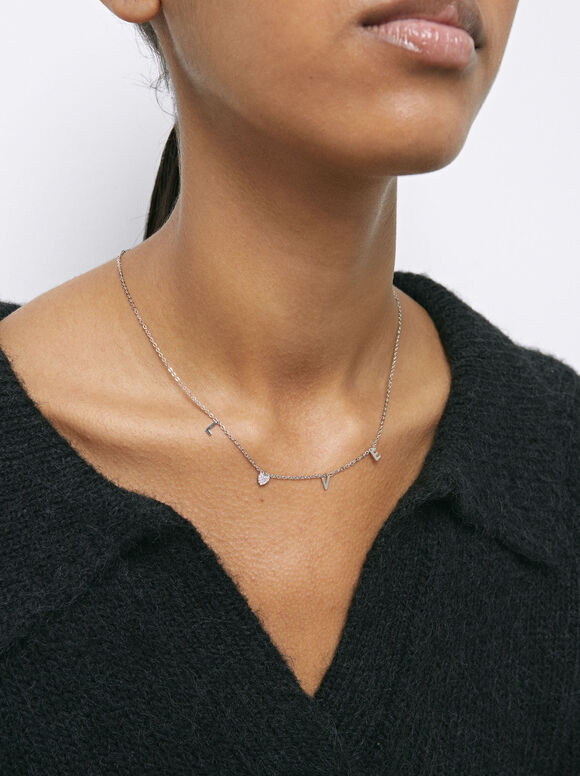 Necklace With Zirconia Love, Silver, hi-res
