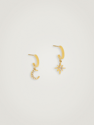 Stainless Steel Hoop Earrings With Moon And Star, Golden, hi-res