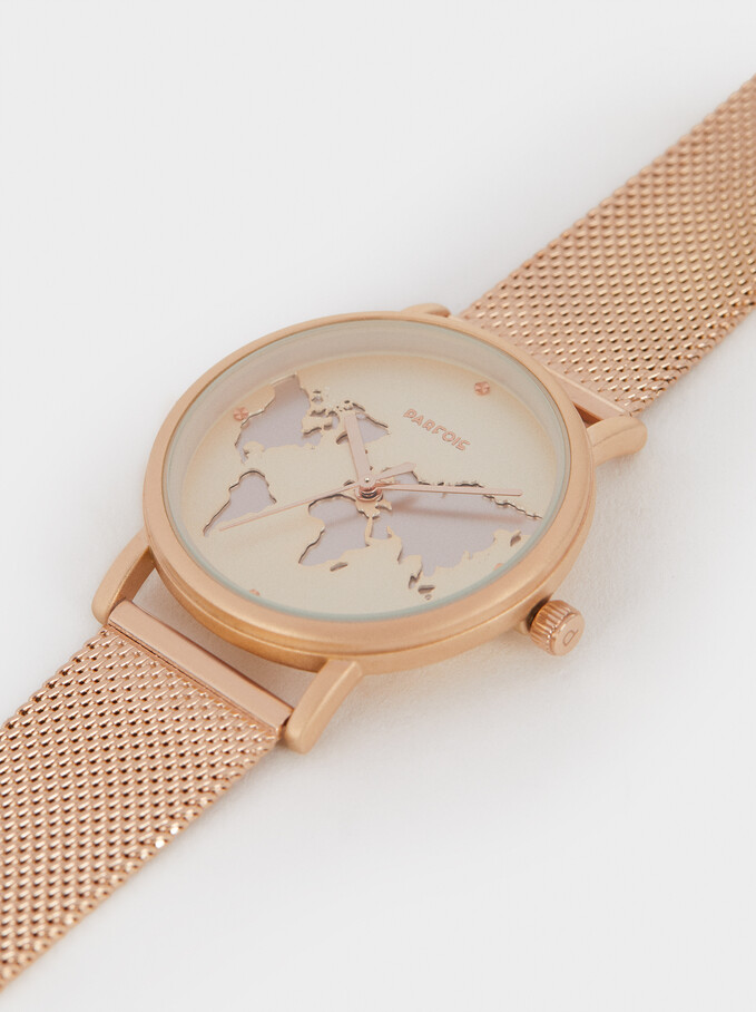 Watch With Steel Strap And World Map Face, Orange, hi-res