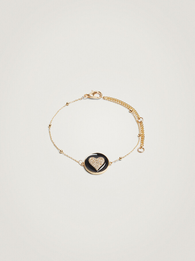 Adjustable Bracelet With Heart And Zirconia, Golden, hi-res