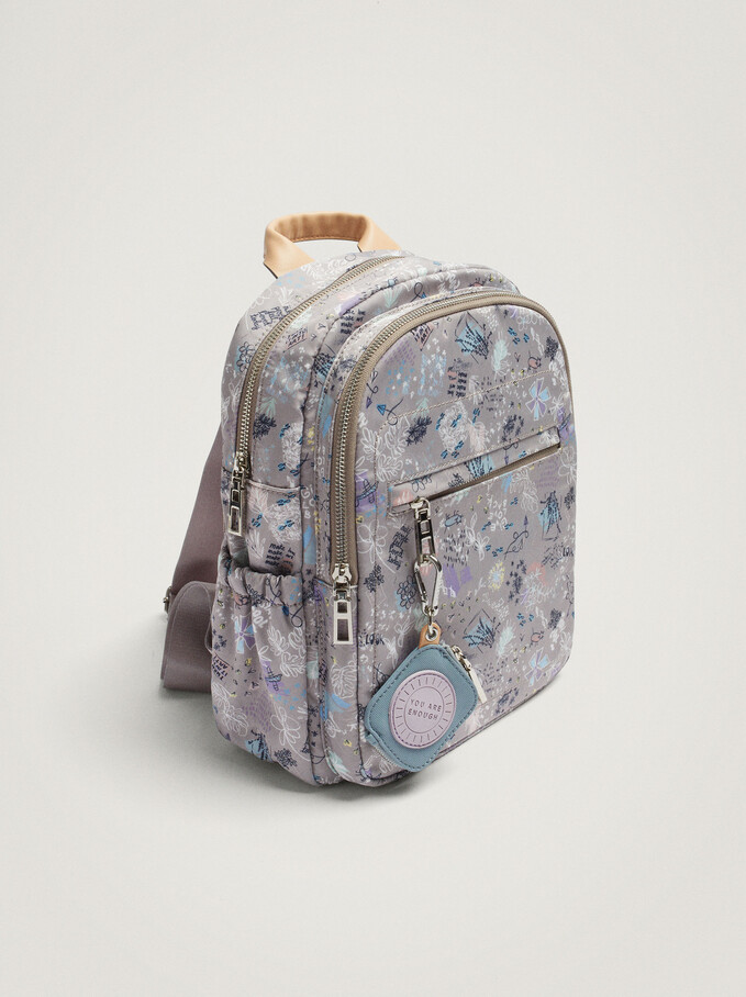 Printed Nylon Backpack With Pendant, Brown, hi-res