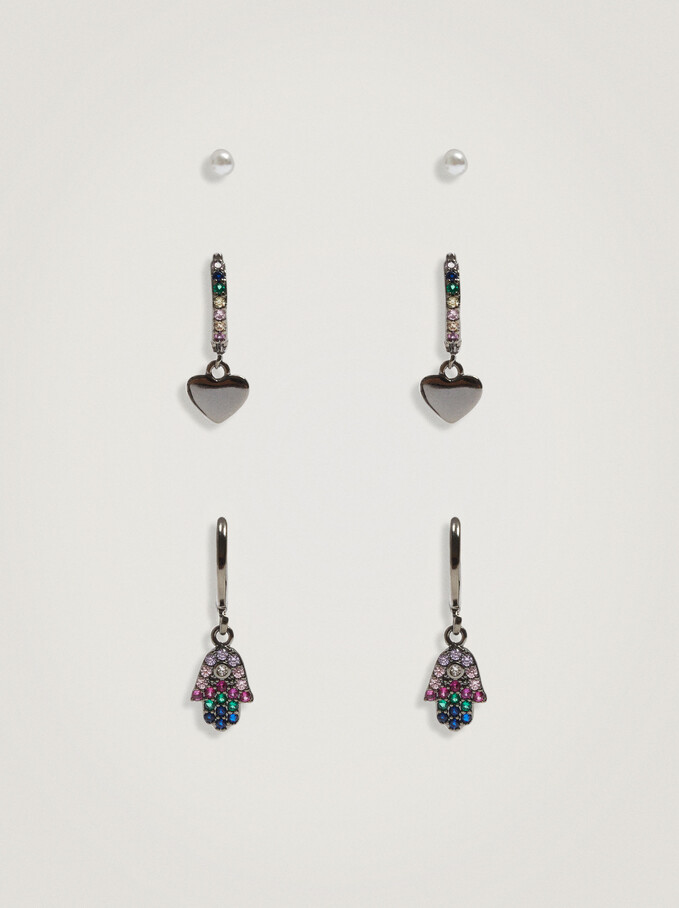 Set Of Earrings With Charms And Zirconia, Multicolor, hi-res