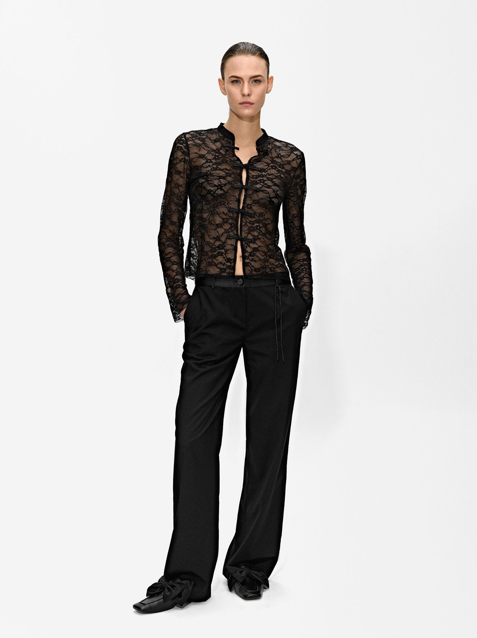 Straight pants with satin waist image number 0.0