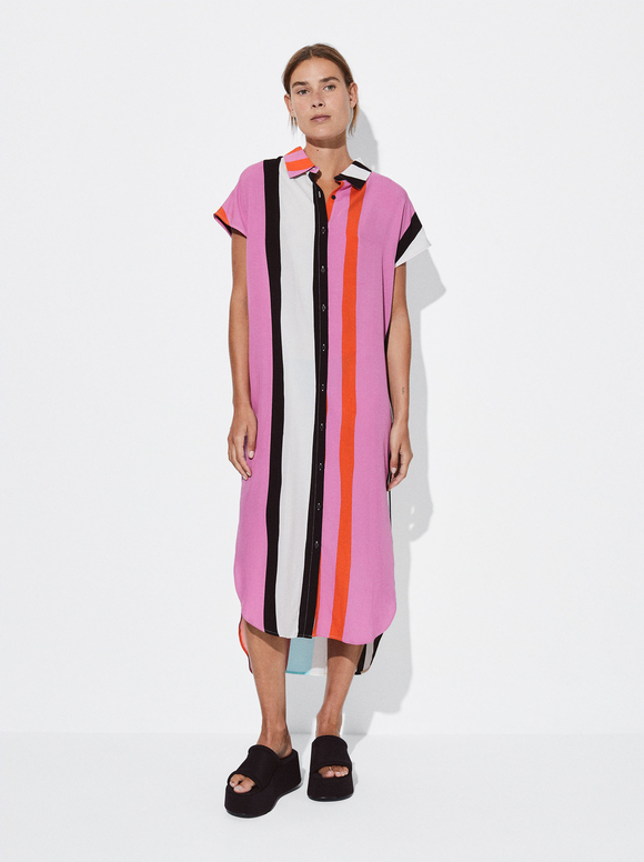 Striped Shirt Dress, Multicolor, hi-res