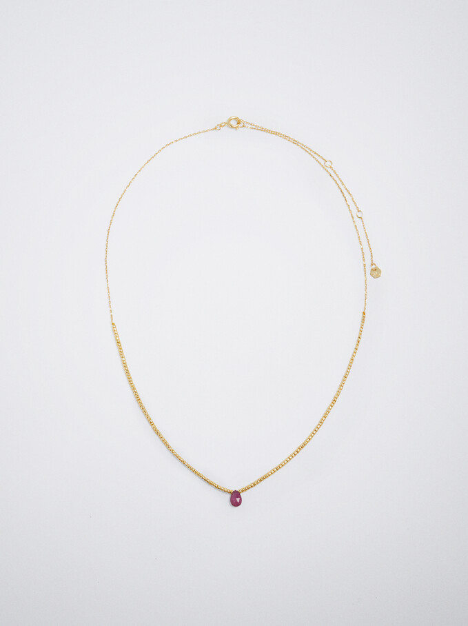 925 Silver Necklace With Semi-Precious Stone, Pink, hi-res