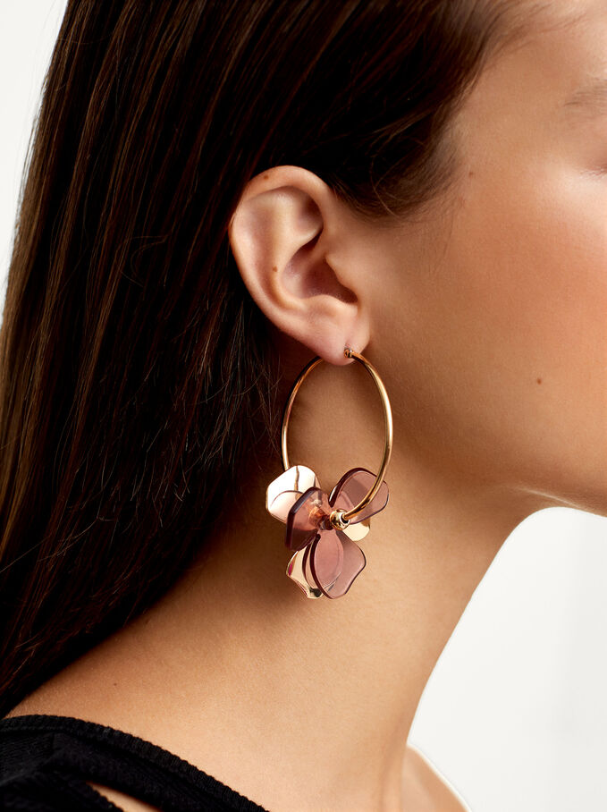 Hoop Earrings With Flower, Bordeaux, hi-res