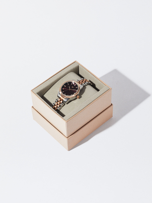 Reloj Acero Bicolor Personalizable, Burdeos, hi-res