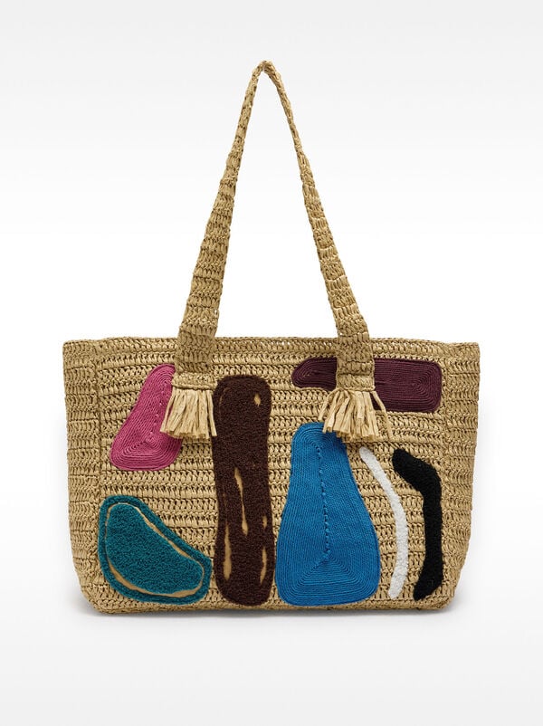 Shopper bag with straw effect and multicolor applications