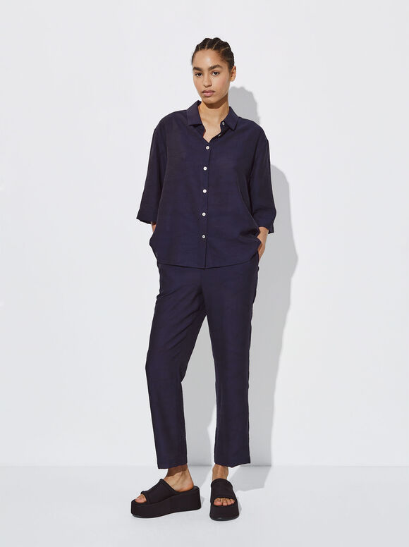 Straight Jacquard Trousers, Navy, hi-res