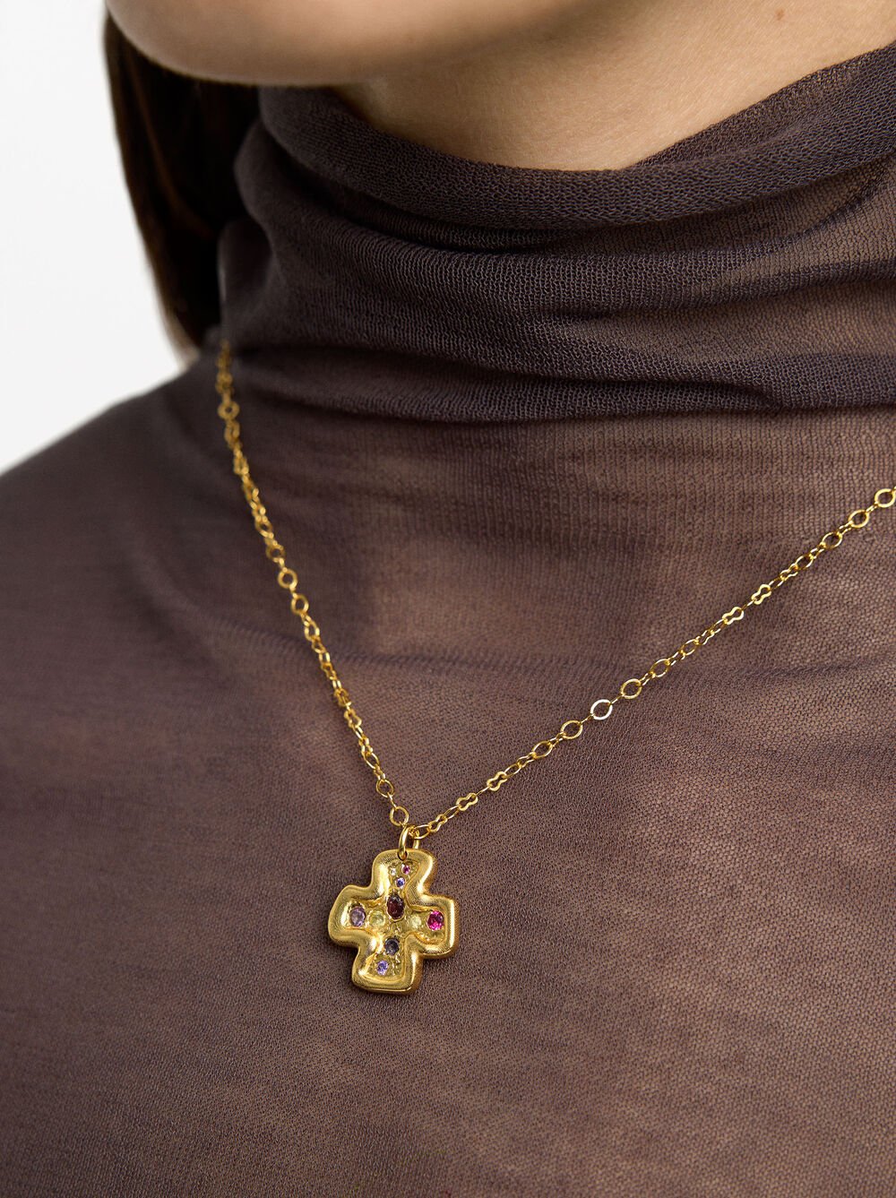 Necklace pendant cross with stones - 18k gold swim