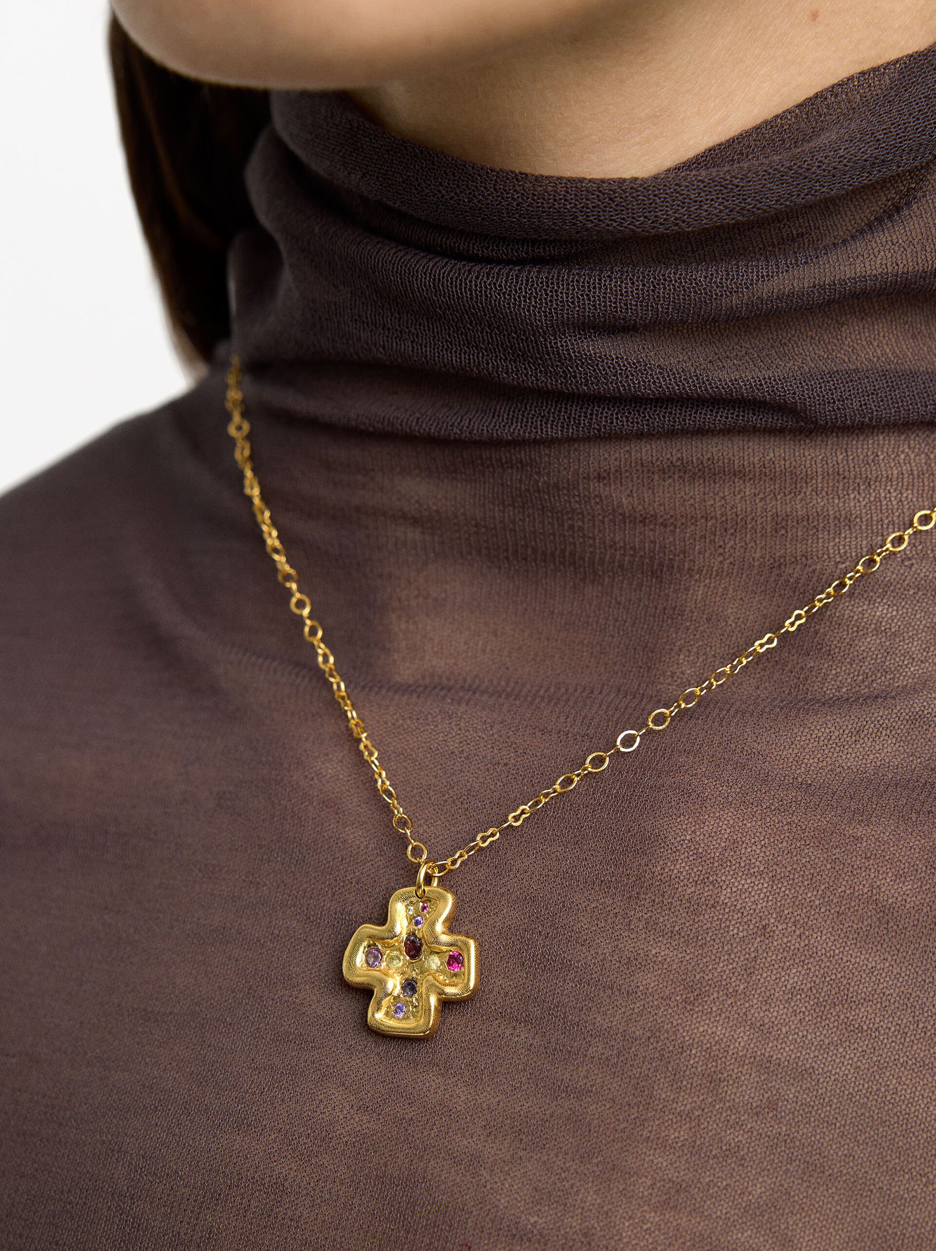 Necklace pendant cross with stones - 18k gold swim image number 1.0