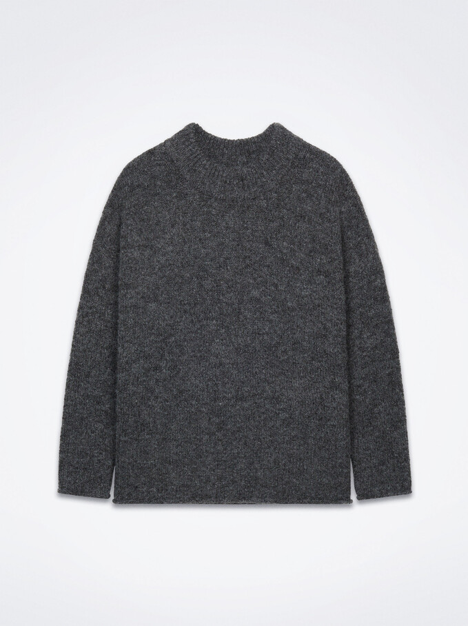 Round-Neck Knit Sweater, Grey, hi-res