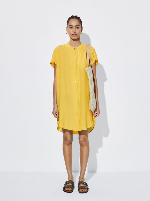 Loose-Fitting Shirt Dress, Yellow, hi-res