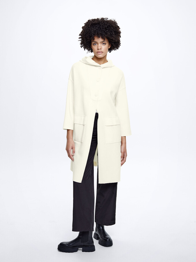 Hooded Knit Cardigan, Ecru, hi-res