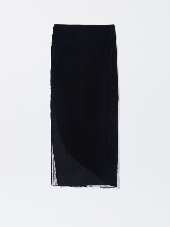 Online Exclusive - Velvet Skirt With Lace Detail, Black, hi-res