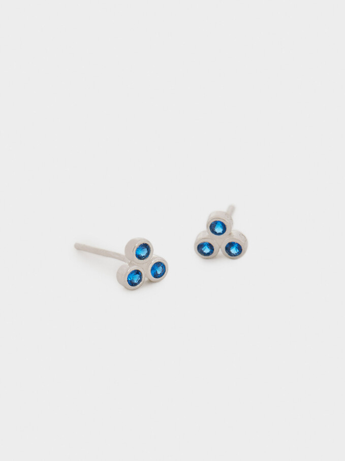 925 Silver Stud Earrings With Blue Zirconia, Blue, hi-res