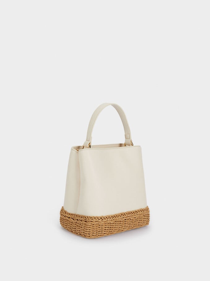 Woven Contrasting Bucket Bag, White, hi-res