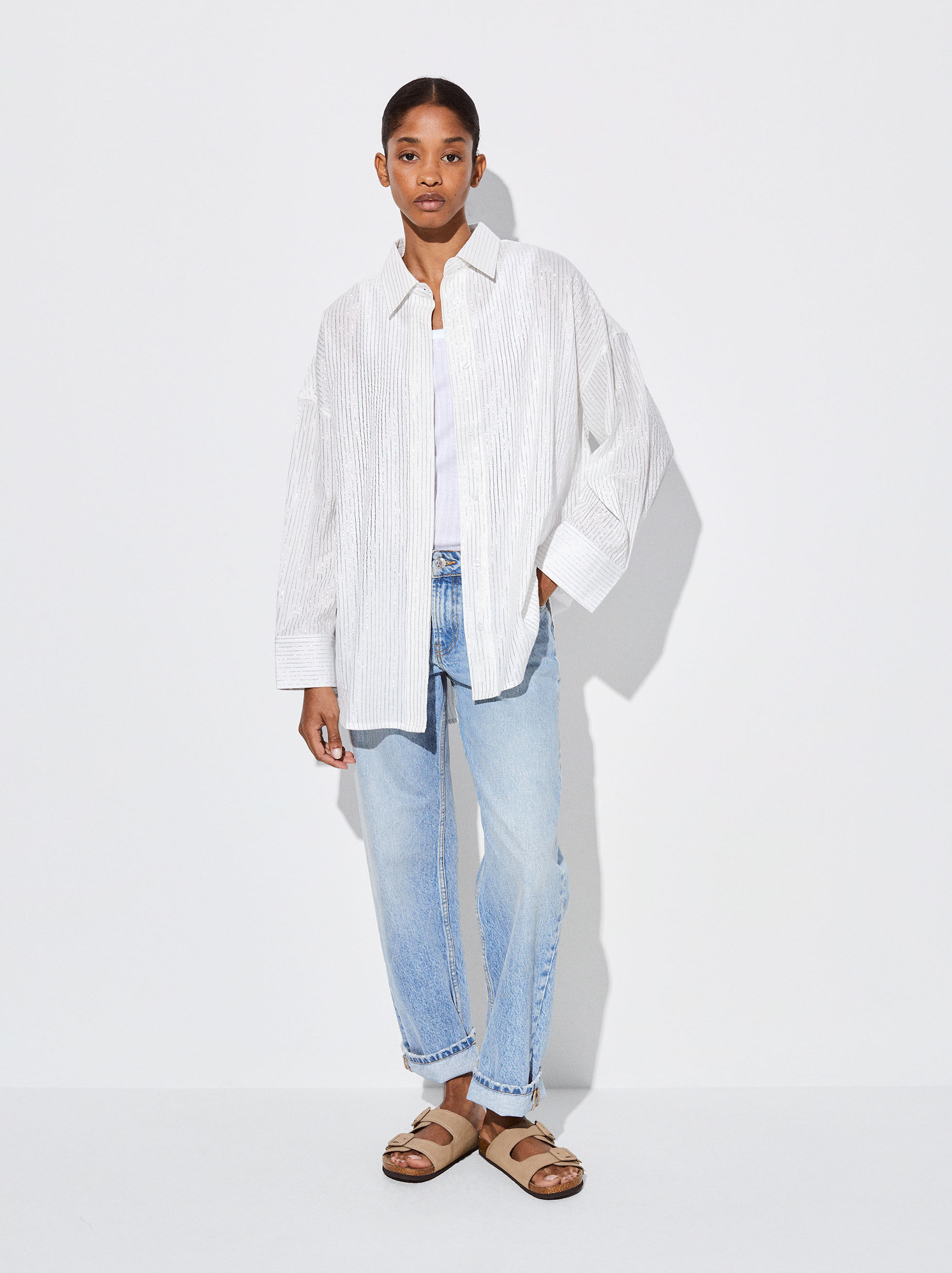 Cotton Metallic Striped Shirt Silver Parfois