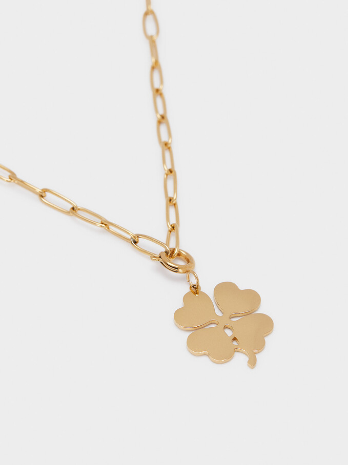 Short Stainless Steel Necklace With Shamrock, Golden, hi-res