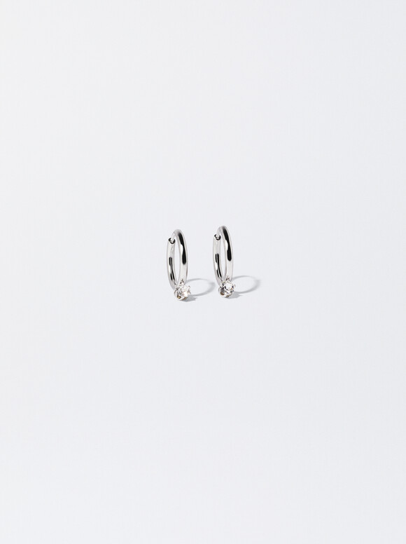 Steel Hoop Earrings With Crystals, Silver, hi-res