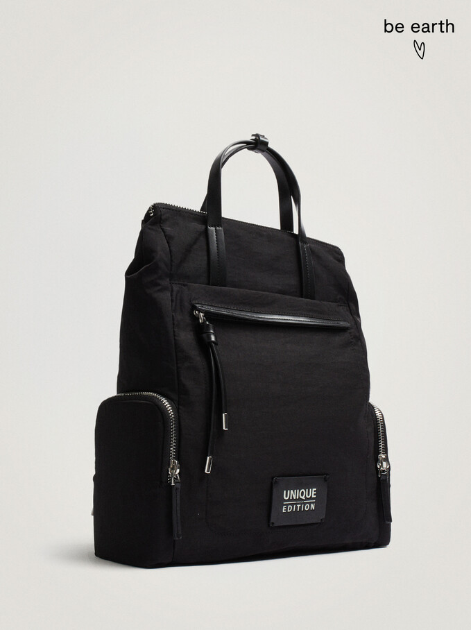 Nylon Backpack Made From Recycled Materials, Black, hi-res
