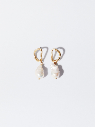 Earrings With Freshwater Pearl, Golden, hi-res