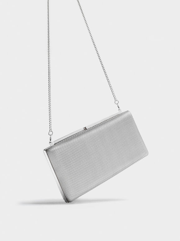 Party Clutch With Chain Handle, Silver, hi-res