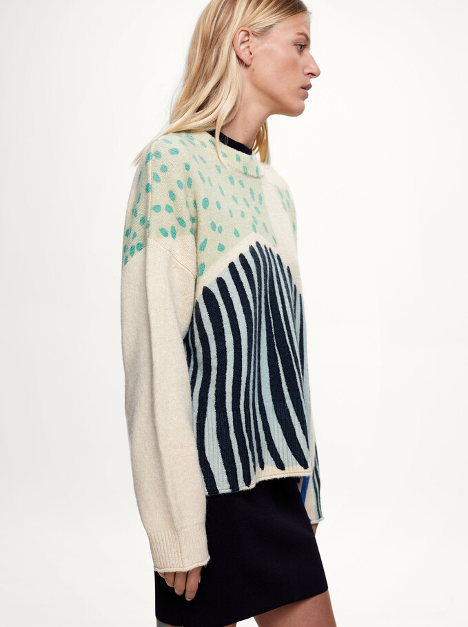 Printed Knit Sweater, Ecru, hi-res