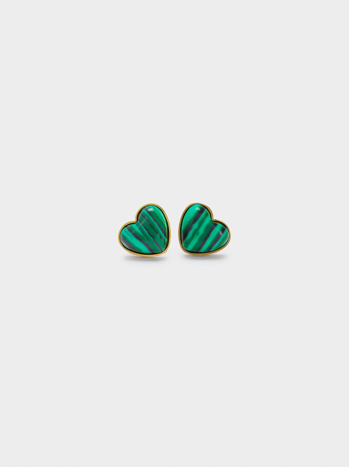 Short Steel And Stone Earrings With Heart, Green, hi-res