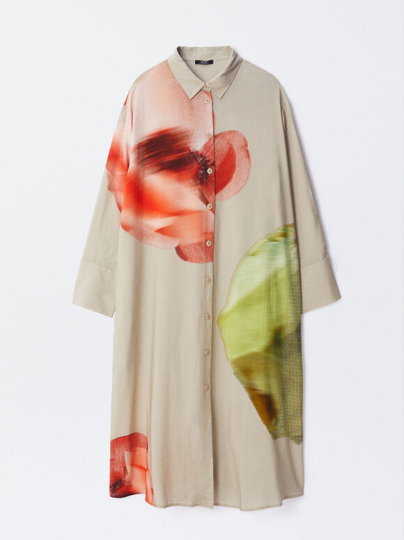 Flowing Printed Shirt Dress, Multicolor, hi-res