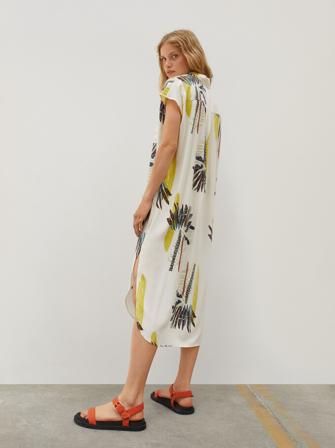 Palm-Print Shirt Dress, Ecru, hi-res