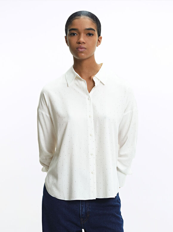 Long-Sleeve Shirt With Rhinestones, Ecru, hi-res