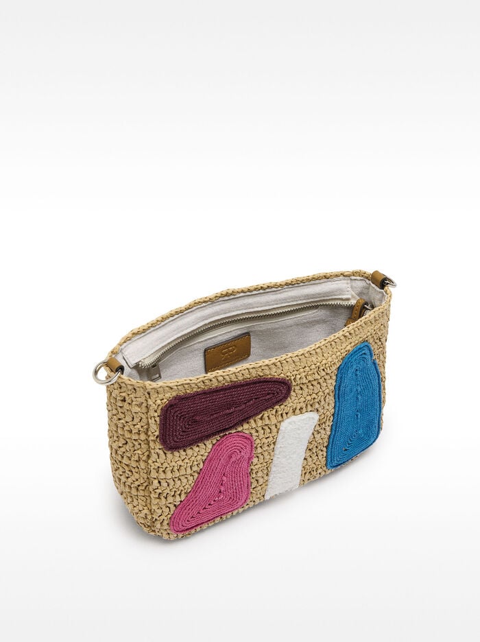 Bolso bandolera efecto rafia aplicaciones multicolor