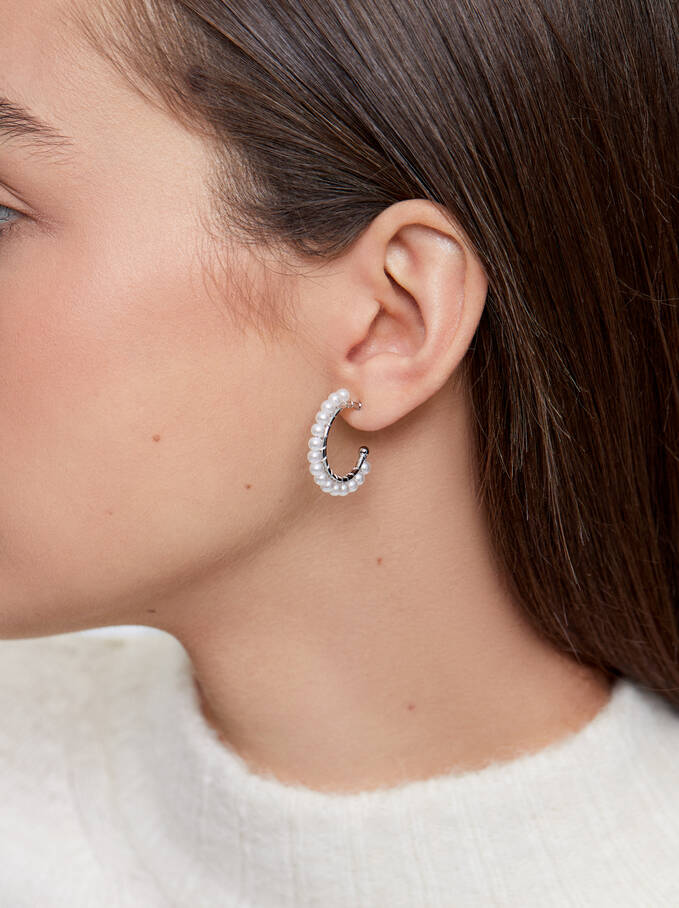 Hoop Earrings With Pearls, Silver, hi-res