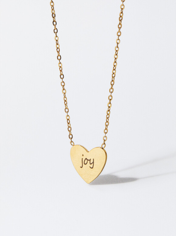 Personalisable Golden Steel Heart Necklace, Golden, hi-res
