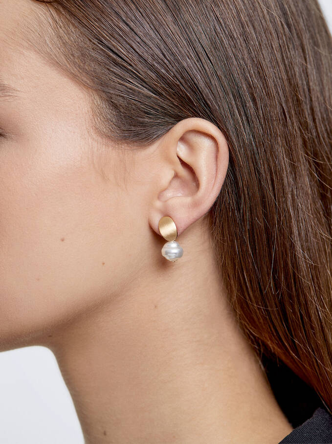 Golden Earrings With Crystals, White, hi-res