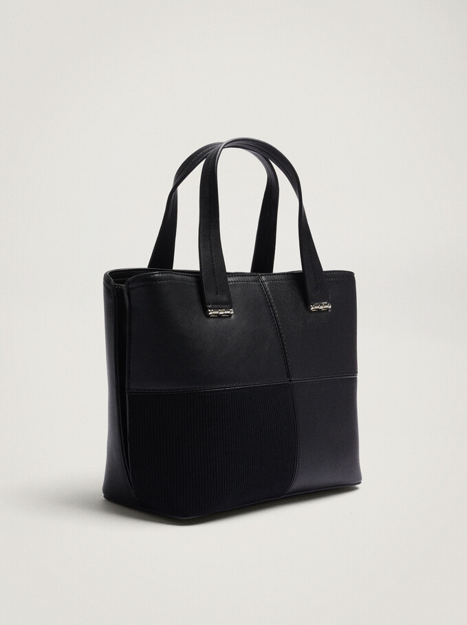 Contrasting Shopper Bag With Detachable Strap, Black, hi-res