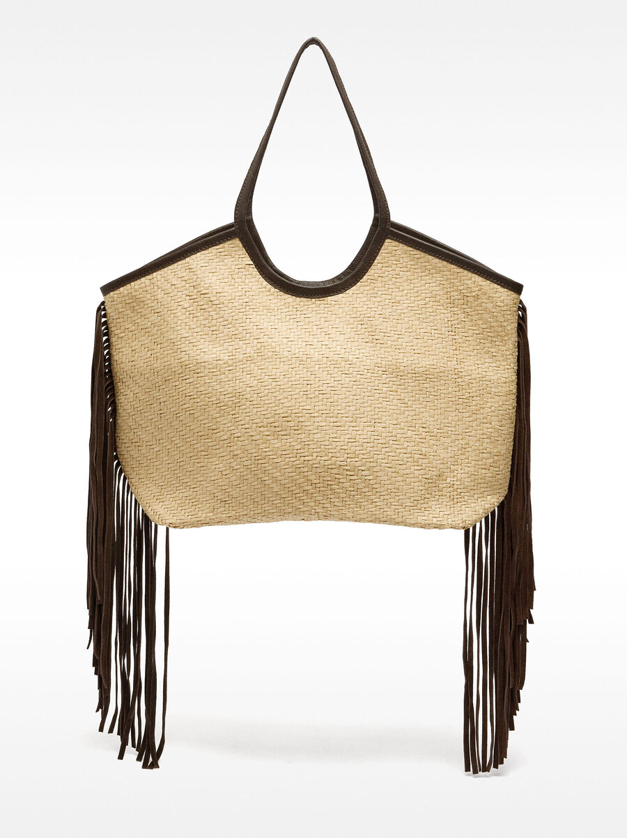 Raffia shopper bag with leather fringes