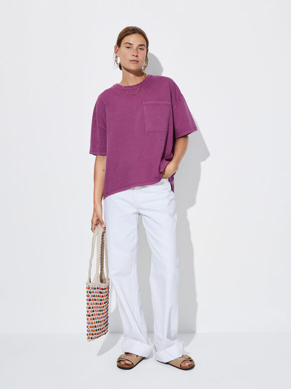 Cotton T-Shirt With Pocket, Purple, hi-res
